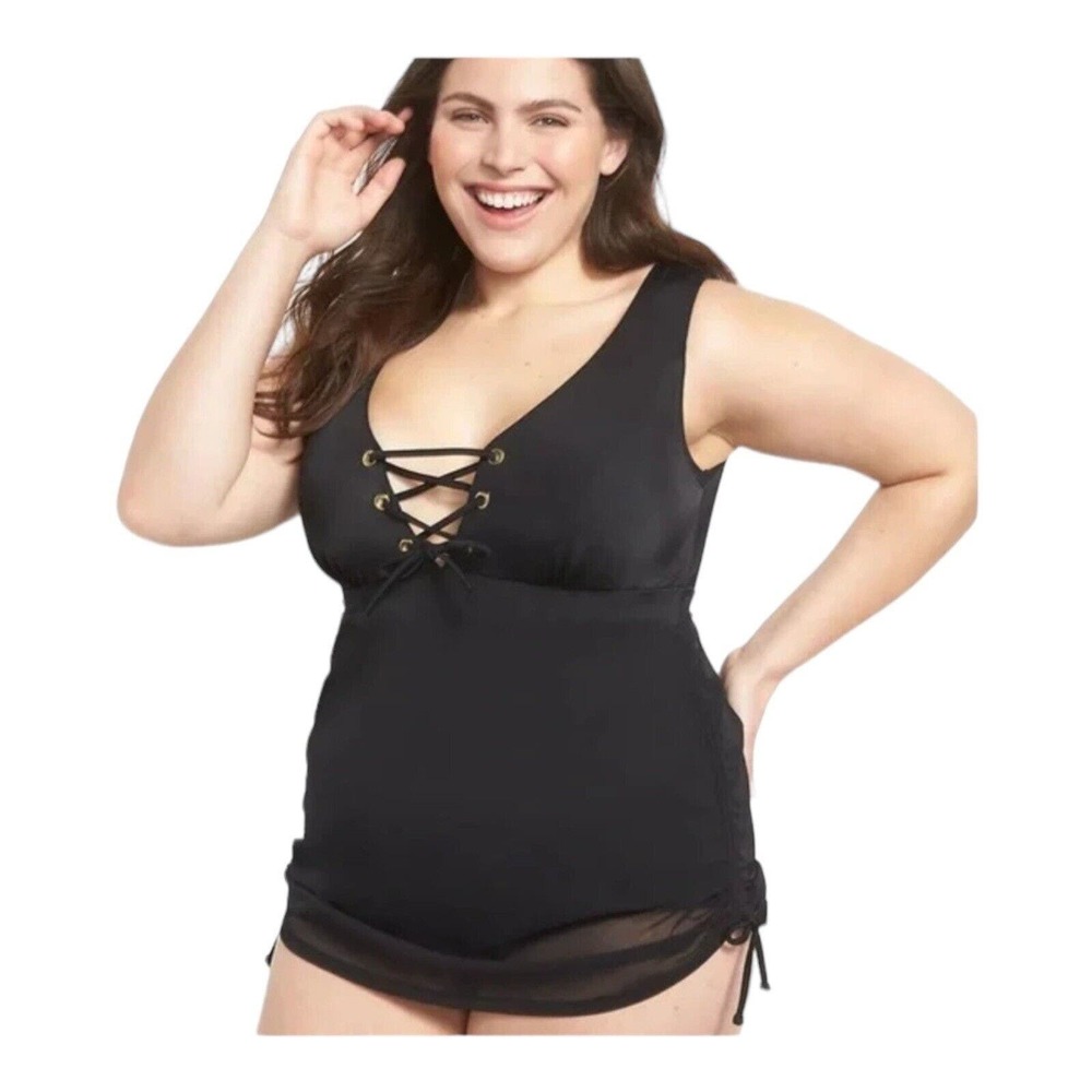 Swim By Cacique Plus Sz 22 Black No Wire Lace up Ruched one Piece swimsuit Dress